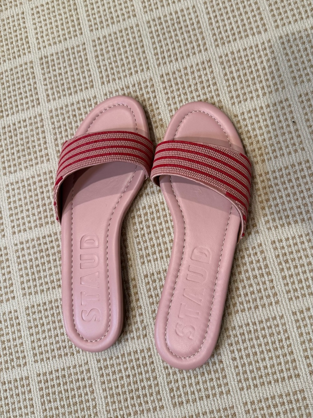 STAUD Pink Beaded Slide Sandals
